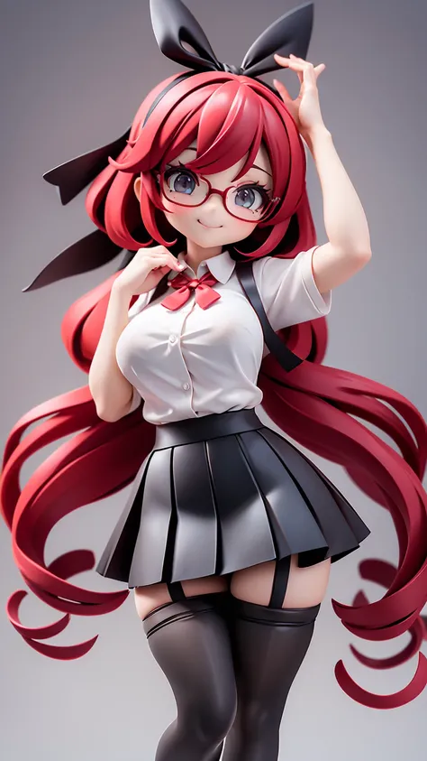 work, best quality, girl, long hair alternative, bob hair, red hair, bow hair, aqua eyes, glasses, teacher, teacher unigorm, seductive smile, Tongue, black eyes, long eyelashes, big breasts, There is a mole on the chest, White shirt, black skirt, high heel...