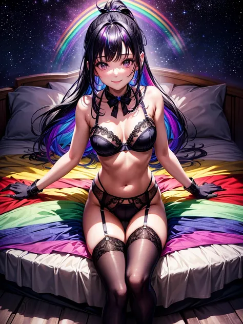 Highest quality,Highest Resolution,４K quality,Smiling beautiful girl,Full body close-up,Starry Eyes,Black hair ponytail,,Iridescent Bra,High leg,Rainbow garter belt,Rainbow colored knee-high stockings,Dark bedroom at night,Purple bedding,Iridescent underwe...