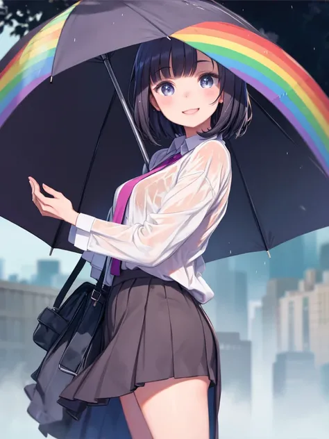 One Girl、Closed umbrella、Wet clothes、Wet Hair、smile、laughing、after the rain、rainbow、look back、