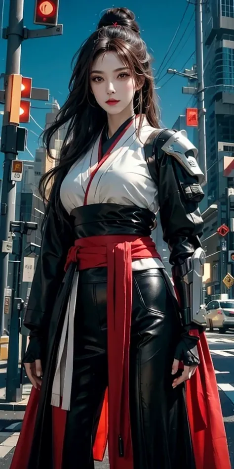 photorealistic, high resolution, soft light,1women, solo, hips up, (detailed face), red long hair, cybersamurai, cyborg, cyberpunk,  cyber armor, holding bow,glowing,on the street , kimono , katana