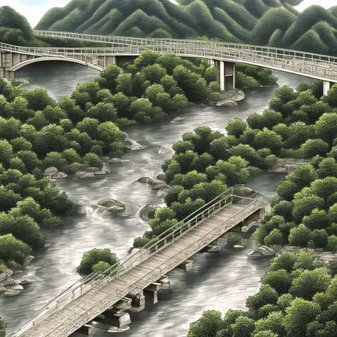 Semi-realistic drawing of a straight-style bridge with concrete walls on top of the bridge with a hollow checkerboard style, beneath the bridge there is a river of water. Two mountains with beautiful, low green vegetation surround the bridge and the river.