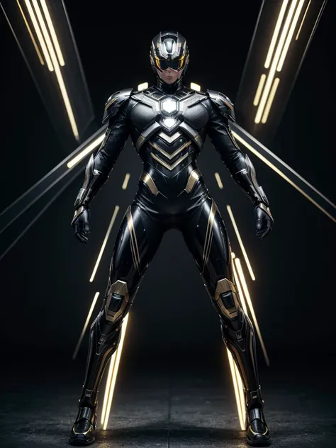 Super advanced technological suit, futurist, ultra detailed 4k, black with gold and silver lines, diseño futurist, full body man