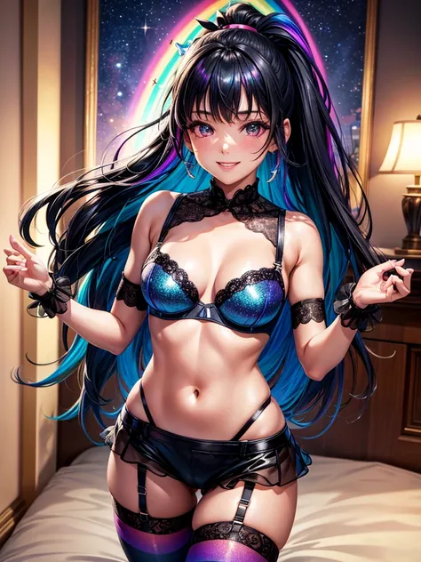 Highest quality,Highest Resolution,４K quality,Smiling beautiful girl,Full body close-up,Starry Eyes,Black hair ponytail,,Iridescent Bra,High leg,Rainbow garter belt,Rainbow colored knee-high stockings,Dark bedroom at night,Iridescent underwear,Standing pos...