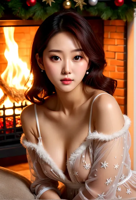 a beautiful young woman (K-Pop singer Kim Gyu-mi (Sena), age 25), wearing an airy sheer Christmas night gown (shoulders exposed, deeply plunging neckline) , nude except for night gown, her intimate areas partially exposed and very detailed, playing with a ...