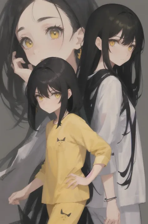 Black hair, yellow eyes, black pijamas, gray background, 