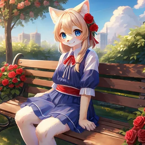 Masterpiece, best quality, high quality, One grey anthro furry girl, kemono, has Blue eyes, wears Blue long skirt, in the Rose garden, sitting on a bench, perfect illustration, sunny day, shy smile