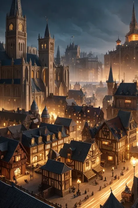 Create a bustling medieval fantasy city