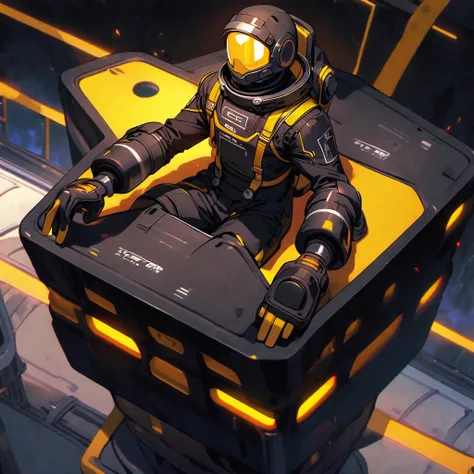 (well done:1) man, black astronaut costume with yellow details.  sitting on top of a space base