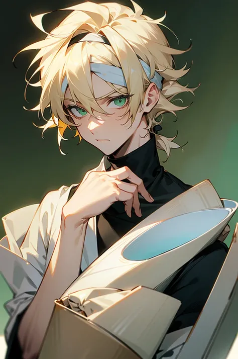 1male , White Headband , Blonde Messy Hair , Green Eyes , Black Turtleneck , Holding a White Styrofoam Cup, Calm Expression , Perfect Generation , Masterpiece Quality