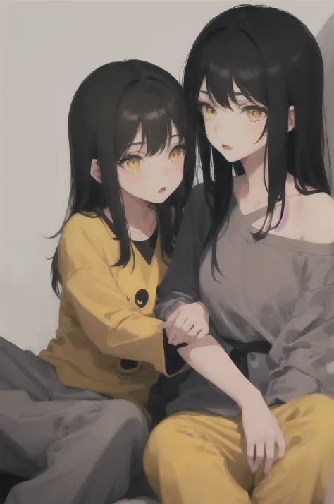 1girl, one girl, Black hair, yellow eyes, black pijamas, gray background, 