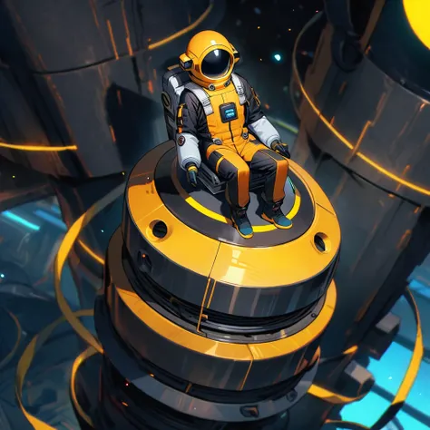 (well done:1) man, black astronaut costume with yellow details.  sitting on top of a space base