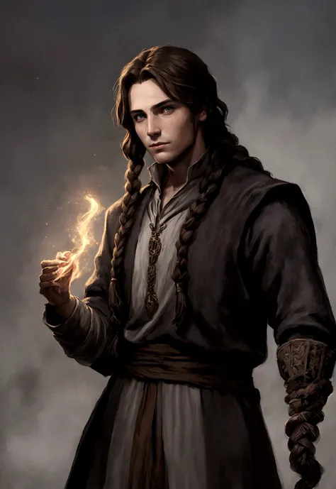 portrait art, young sorcerer, half a turn, brown hair with one waist-length braid, no beard, grey eyes, medieval era fantasy