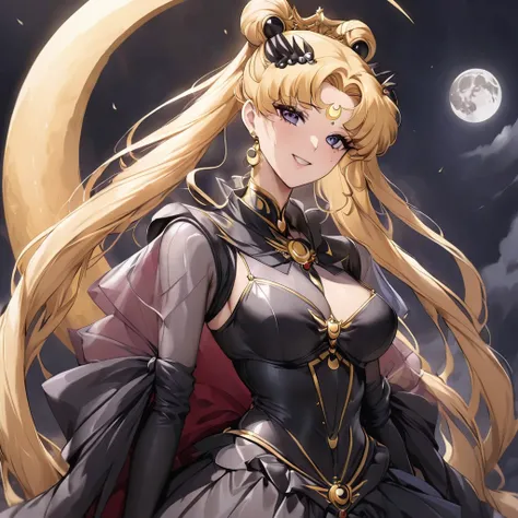 ((Highest quality)), ((masterpiece)), (detailed), （Perfect Face）、Black moon mark on forehead、The woman is the Dark Queen of the Black Moon of the Black Moon Clan, Black Serenity, and has blonde hair.２The woman with long hair tied up is Princess Serenity、Th...