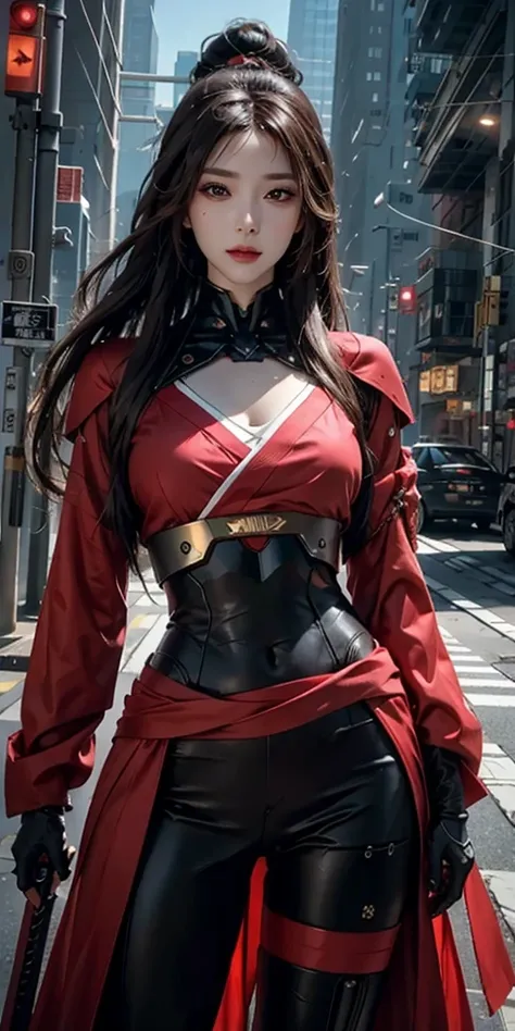 photorealistic, high resolution, soft light,1women, solo, hips up, (detailed face), red long hair, cybersamurai, cyborg, cyberpunk,  cyber armor, holding bow,glowing,on the street , kimono , 