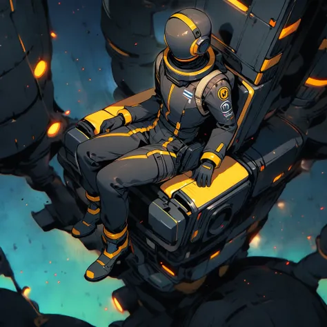 (well done:1) man, black astronaut costume with yellow details.  sitting on top of a space base