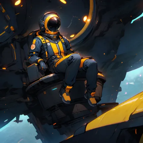 (well done:1) man, black astronaut costume with yellow details.  sitting on top of a space base