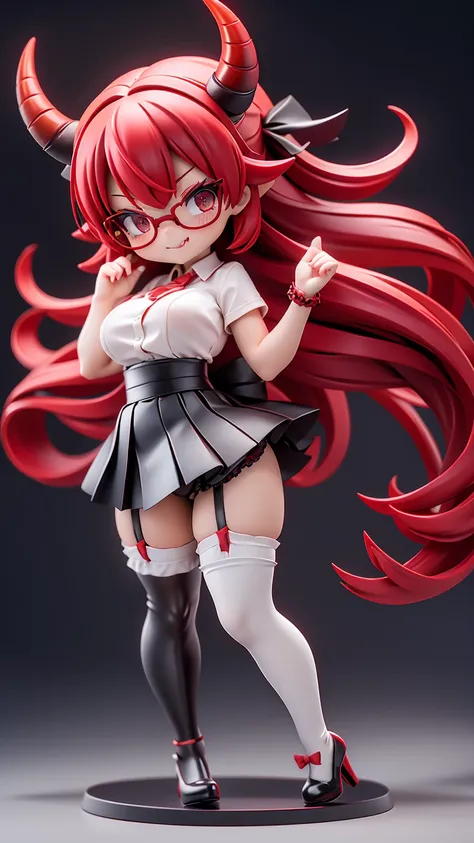 work, best quality, girl, red demon, oni, horns, little devil, a little scary, spooky, long hair alternative, bob hair, red hair, bow hair, aqua eyes, glasses, teacher, teacher unigorm, seductive smile, Tongue, black eyes, long eyelashes, big breasts, Ther...