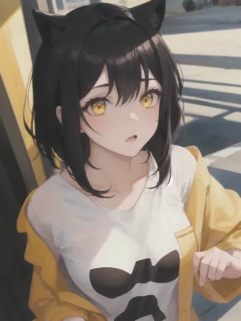 1girl, Black cut hair, yellow eyes, black pijamas, 