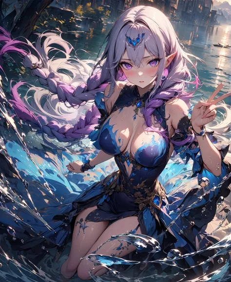 (masterpiece, illustration, best quality:1.5), insanely beautiful black ice SKADI little sister, 2 girls, yinji, purple hair, purple eyes, long hair, white hair, double braids, gradient hair, water blue body painting, global illumination, finely detailed, ...