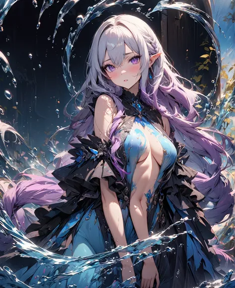 (masterpiece, illustration, best quality:1.5), insanely beautiful black ice SKADI little sister, 2 girls, yinji, purple hair, purple eyes, long hair, white hair, double braids, gradient hair, water blue body painting, global illumination, finely detailed, ...