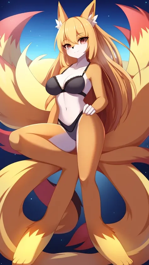 Furry nine tails pokemon female anthropomorphic wearing a black bra and underwear full body 