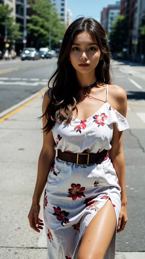 Bare shoulders with full breasts,  hair, floral slit skirt 