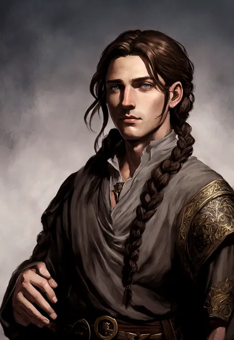 portrait art, young sorcerer, half a turn, brown hair with one waist-length braid, no beard, grey eyes, medieval era fantasy