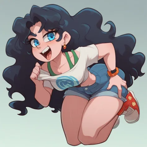 ralph bakshi style, curvy blue eyed girl with long wavy black hair and small breasts, (partial nudity1).5, (extreme nsfw)2.5, (t...