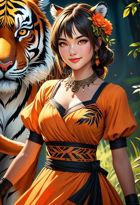 Create an realistic illustrated, hand-drawn, full-color image of an anthropomorphic tiger women. The artwork should be rendered in the style of "Breath of the Wild," featuring warm lighting and shadows. Include graphite shading, stencil marks, and airbrush...