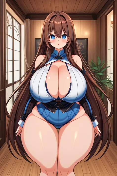 A Cute Girl, Lush Long Brown Hair, Blue Eyes, (Extremely Huge Breasts: 1.3), (((Very Wide Hips))), (Very Thicc Thighs: 1.5), ((Insanely Huge Breasts)), ((Insanely Thicc Thighs)), Inside a Modern House,