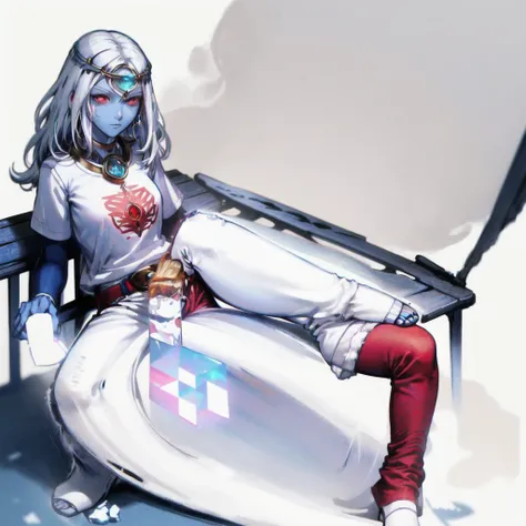 best quality, masterpiece, 1girl, perfect face, detailed eyes, perfect skin, full body toe to head sitting on bench, atmospheric lighting (plain background) ((colored skin, white hair, red eyes, gem, circlet, jewelry, white T-shirt, blue jeans))