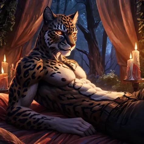 Solo, slim, male Gepard, laying on back on top of a bed, kemono, black pants, muscular,
Detailed eyes, Brown eyes, Glowing eyes, Gepard tail, body portrait, outdoors, In the Forest, Candles light, Night, detailed background, realistic hands, 8k HD,
Dark sh...