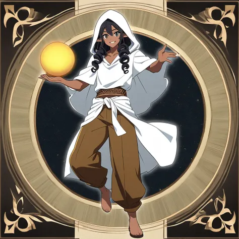 anime art style, dark elf, African skin, black hair, Curly hair, long hair, black eyes, ((man)), athletic body, Druid clothing (white hood, brown pants, white cloth on waist), full body, Extending your hand in greeting, smiling