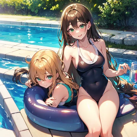 1girl, Gender is girl. Slightly freckled face. Light brown curly hair. Emerald green eyes. Happy. Shes wearing a swimsuit. Sitting by the pool.