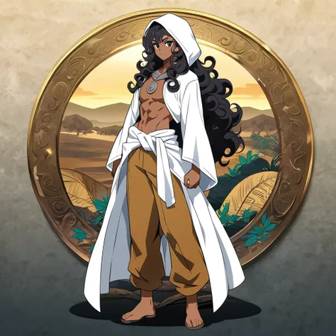 anime art style, dark elf, African skin, black hair, Curly hair, long hair, black eyes, ((man)), athletic body, Druid clothing (white hood, brown pants, white cloth on waist), full body