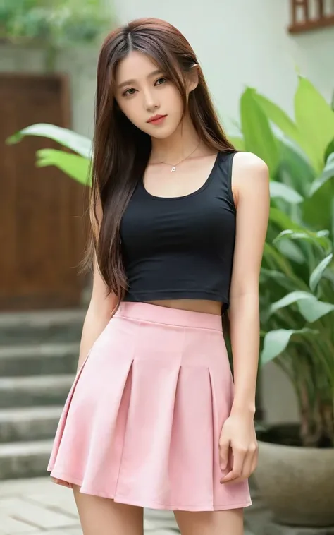 (masterpiece, Highest quality:1.2), One girl, alone,Are standing_Split, Long Hair, without black sleeveless short vest，Pink Skirt，black