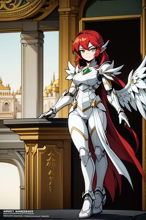 female archangel valkirie knight, full body art, red hair, white skin, emerald eye, knight full plate adorned armor, white cape, perfectly detailed, angel long adorned wings.