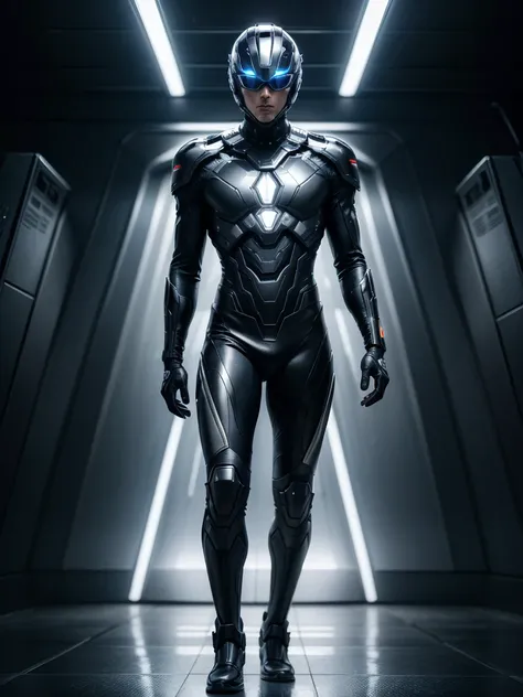 Super advanced technological metallic suit, futurist, ultra detailed 4k, black with silver lines, diseño futurist, full body man with helmet