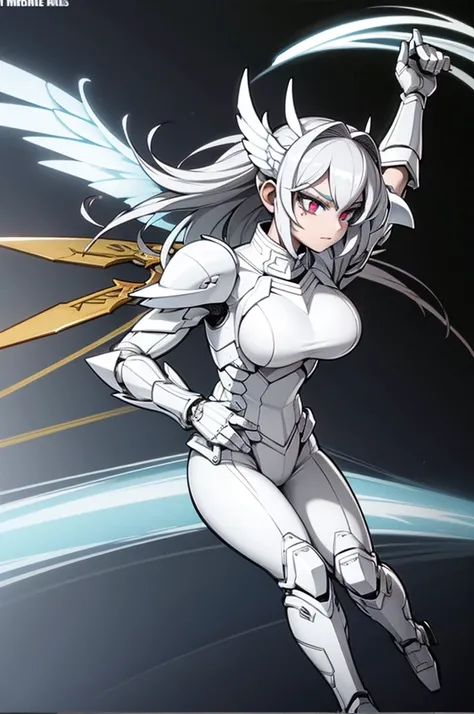 female archangel valkirie knight, full body art, silver hair, white skin, saphire eye, knight full plate adorned armor, white cape, perfectly detailed, plasma wings.