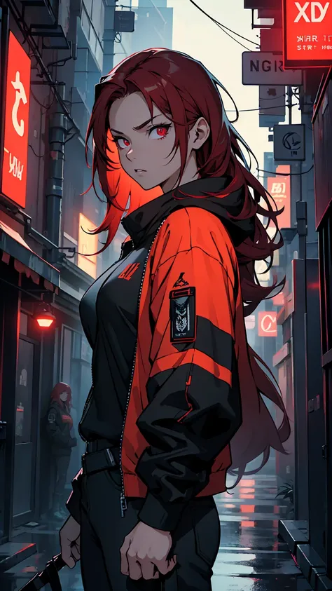 (masterpiece, best quality, Detailed), detailed face. A cinematographic scene of a serious badass long red hair girl, red eyes, with black techwear clothes, Neon lights and buildings background.