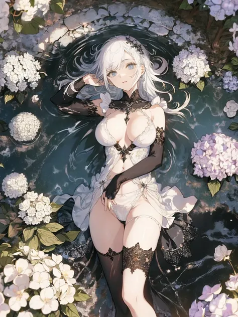 (Landscape photo, with a woman in the bottom right of photo:1.5, in white garden:1.5), Masterpiece, best quality, (very detailed CG unity 8k wallpaper), (best quality), High definition RAW color art, Animation,sculptures, (black Marble Skin), (((Ultra deta...