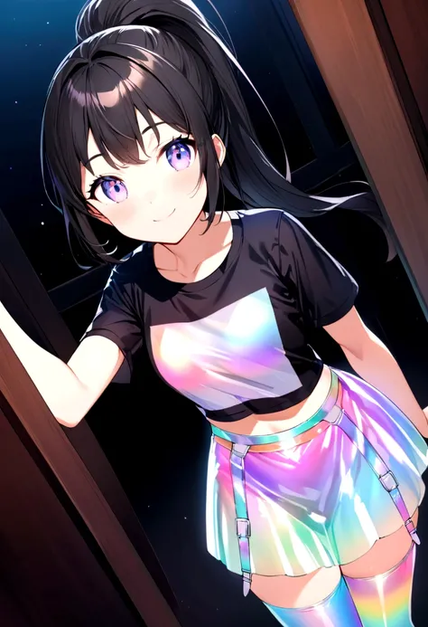 Create a high-quality, ultra-detailed anime-style full-body close-up of a smiling beautiful girl with black hair in a ponytail, wearing an iridescent short t-shirt, iridescent skirt, rainbow garter belt, and rainbow-colored knee-high stockings, standing in...