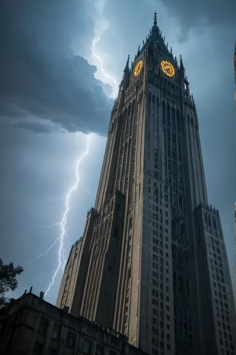 large tower in the center of a city, full of lightning over the top of the tower, excellent photo capture, chilling work, apocalypto, end of world, horror film