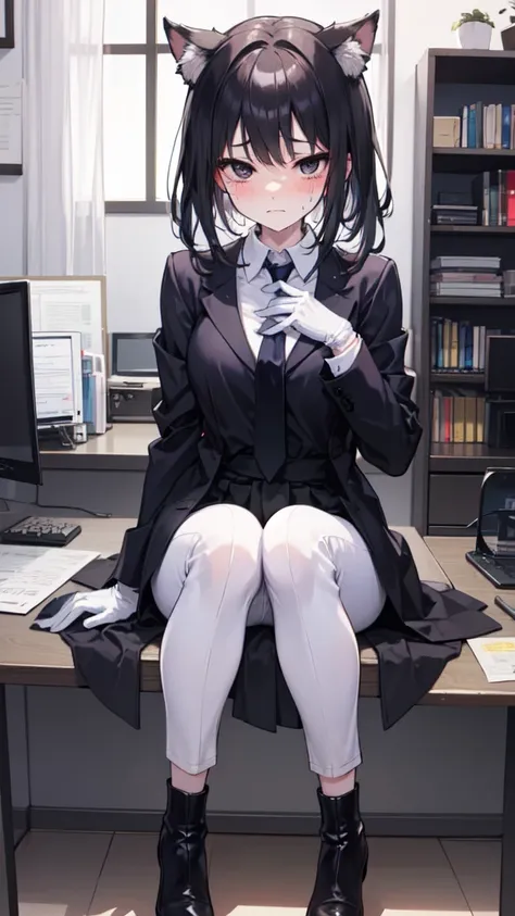 18-year-old girl，cute，Wear a white long-sleeved shirt and a black work tie，Wear black pants，Wear black booties，Wear white gloves，wear cat ear，Wearing a collar，Black hair，Black eyes，Very thin waist，Very thin legs，Handsome，Disdainful and cold expression，shy，...