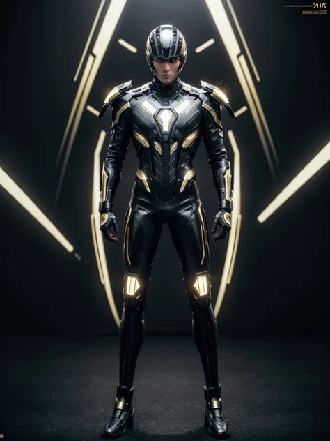 Super advanced technological metallic suit, futurist, ultra detailed 4k, black with gold lines, diseño futurist, full body man with helmet