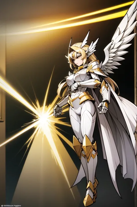 female archangel valkirie knight, full body art, blond hair, white skin, saphire eye, knight full plate adorned armor, white cape, perfectly detailed, plasma wings.