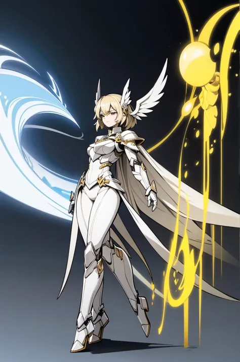 female archangel valkirie knight, full body art, blond hair, white skin, saphire eye, knight full plate adorned armor, white cape, perfectly detailed, plasma wings.