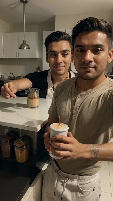  a photo in selfie mode of a man in his kitchen while he is having a coffee the photo seen from a shot of us seeing how the selfie turned out 