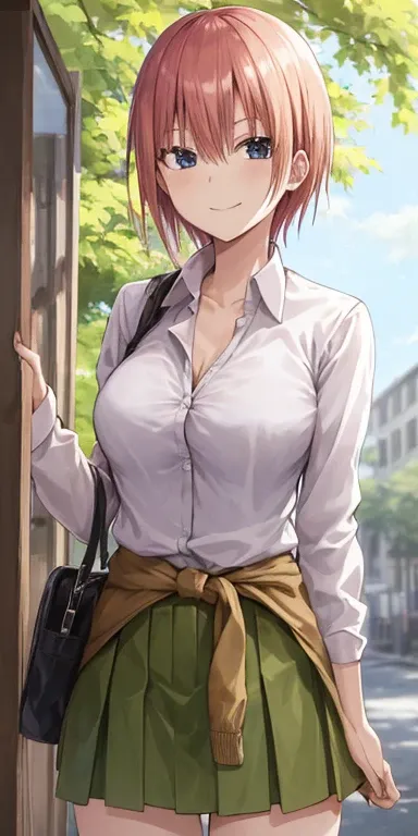 2d, masterpiece, best quality, anime, highly detailed, 1girl, solo, cowboy shot, nakano ichika, pink hair, short hair, cardigan around waist, collared shirt, green skirt, miniskirt, medium breasts, standing, school, outdoors, smile