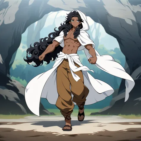 anime art style, dark elf, African skin, black hair, Curly hair, long hair, black eyes, ((man)), athletic body, Druid clothing (white hood, brown pants, white cloth on waist), full body